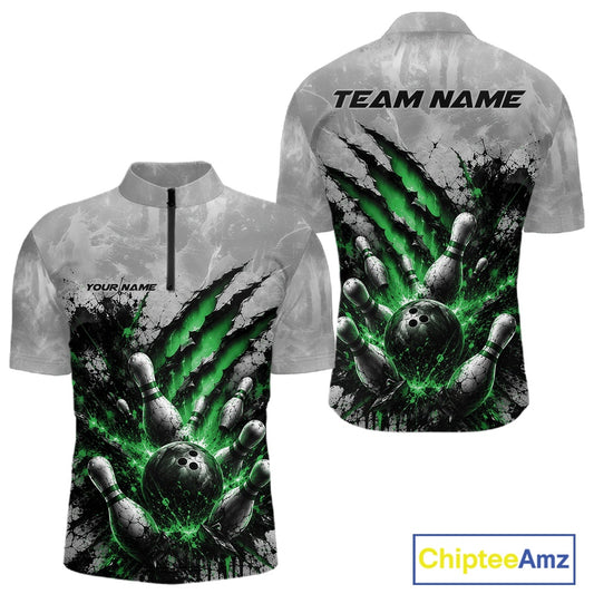Front and back view of a men's bowling quarter zip shirt mockup featuring a dramatic green bowling ball and pins graphic with claw-mark artwork on a gray shirt.