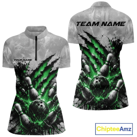 Front and back view of a women's bowling quarter zip mockup featuring a dramatic green bowling ball and pins graphic with claw-mark artwork on a gray shirt.
