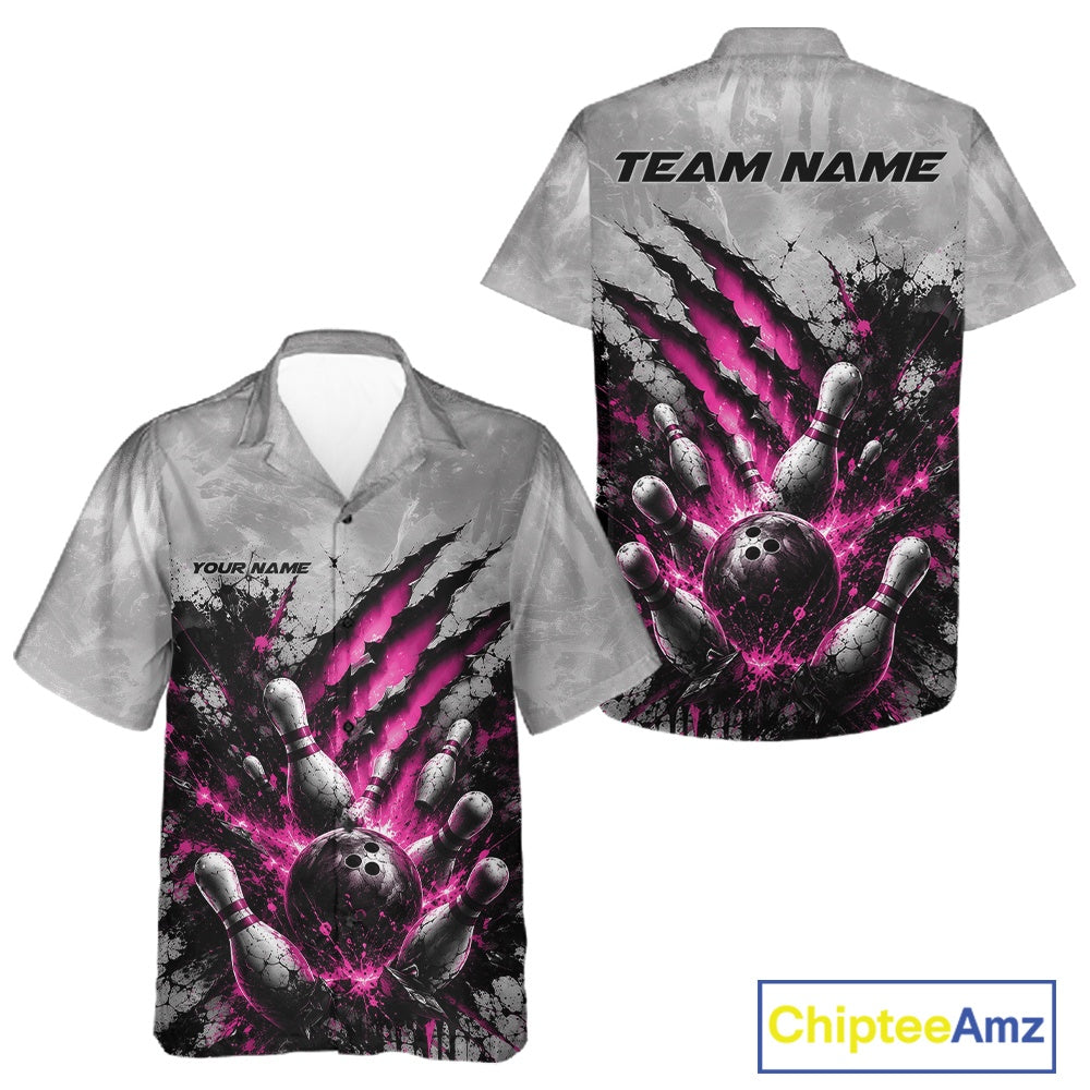 Front and back view of a button-up bowling shirt mockup showcasing a dramatic pink bowling ball and pins graphic with claw-mark artwork on a gray shirt.