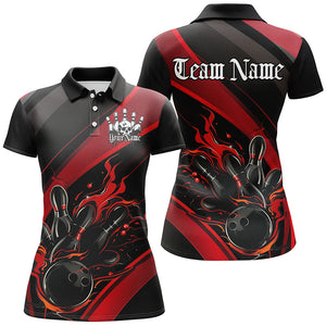 Custom Black And Red Flame Bowling Shirts For Women, Skull Halloween Bowling Team Outfits IPHW7205