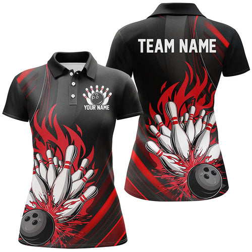 Personalized Ladies Bowling Shirts, Black And Red Flame Bowling Team Shirts Bowlers Outfit IPHW7207
