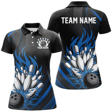 Load image into Gallery viewer, Personalized Ladies Bowling Shirts, Black And Blue Flame Bowling Team Shirt Bowlers Outfit IPHW7208