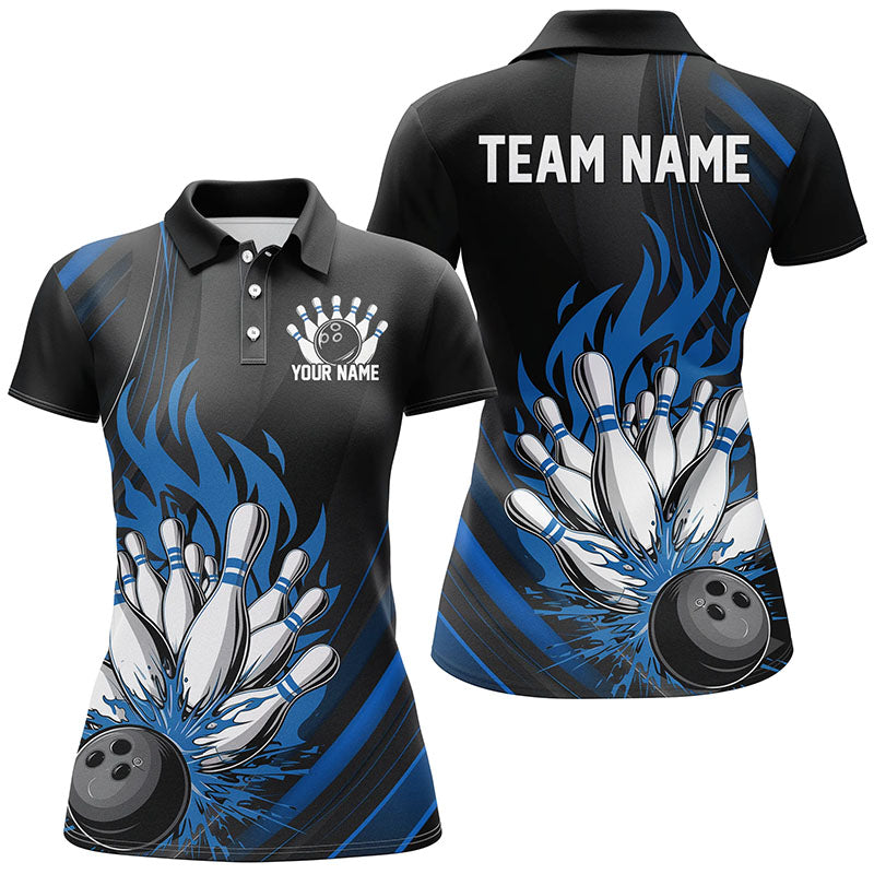 Personalized Ladies Bowling Shirts, Black And Blue Flame Bowling Team Shirt Bowlers Outfit IPHW7208