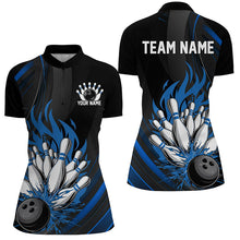 Load image into Gallery viewer, Personalized Ladies Bowling Shirts, Black And Blue Flame Bowling Team Shirt Bowlers Outfit IPHW7208