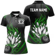 Load image into Gallery viewer, Personalized Ladies Bowling Shirts, Black And Green Flame Bowling Team Shirt Bowlers Outfit IPHW7209