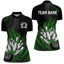Load image into Gallery viewer, Personalized Ladies Bowling Shirts, Black And Green Flame Bowling Team Shirt Bowlers Outfit IPHW7209