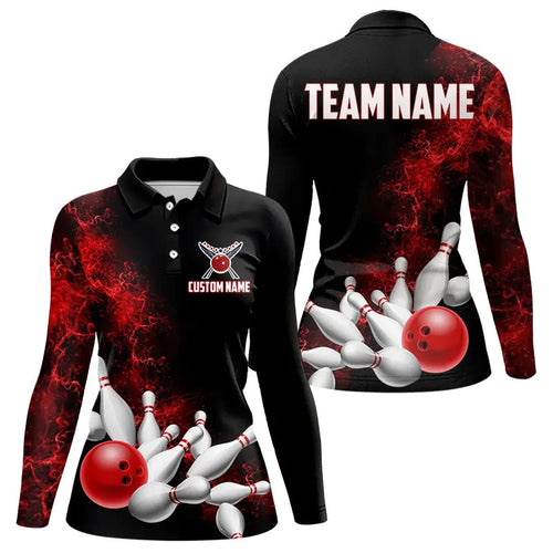 Custom Red Strike Bowling Long Sleeve Polo Shirts For Women Team Jerseys Bowling League Shirt IPHW5469