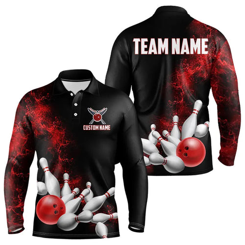 Custom Red Strike Bowling Long Sleeve Polo Shirts For Men Bowling Team Jerseys Bowling League Shirts IPHW5469