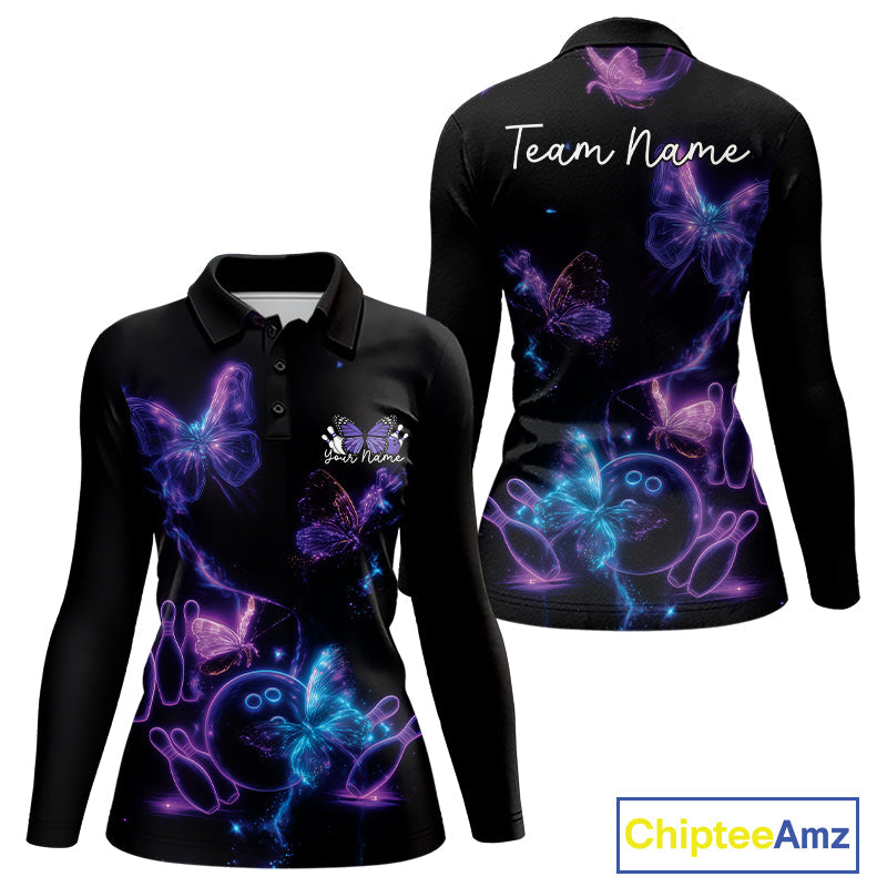 Custom Blue And Purple Butterfly Women Bowling Team Shirts, Ladies Bowling League Shirt IPHW10156