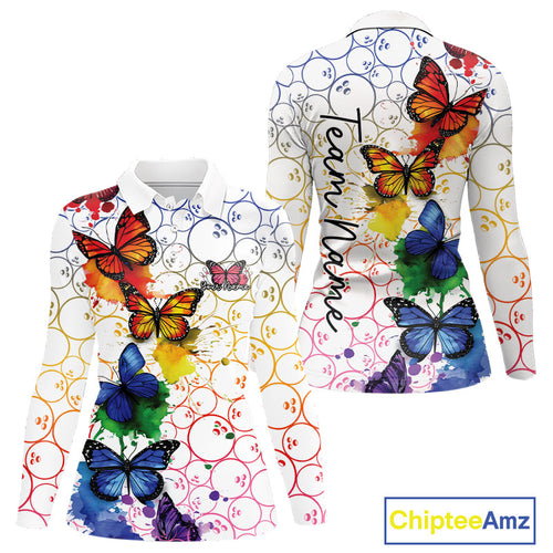 Custom Rainbow Colorful Butterfly Women Bowling Shirt, Watercolor Bowling Shirt IPHW10157