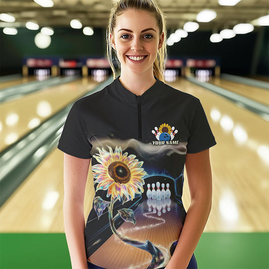 Custom Sunflower Bowling Quarter-Zip Shirts For Women, Sunflower Bowling Tournament Team Shirt IPHW8437