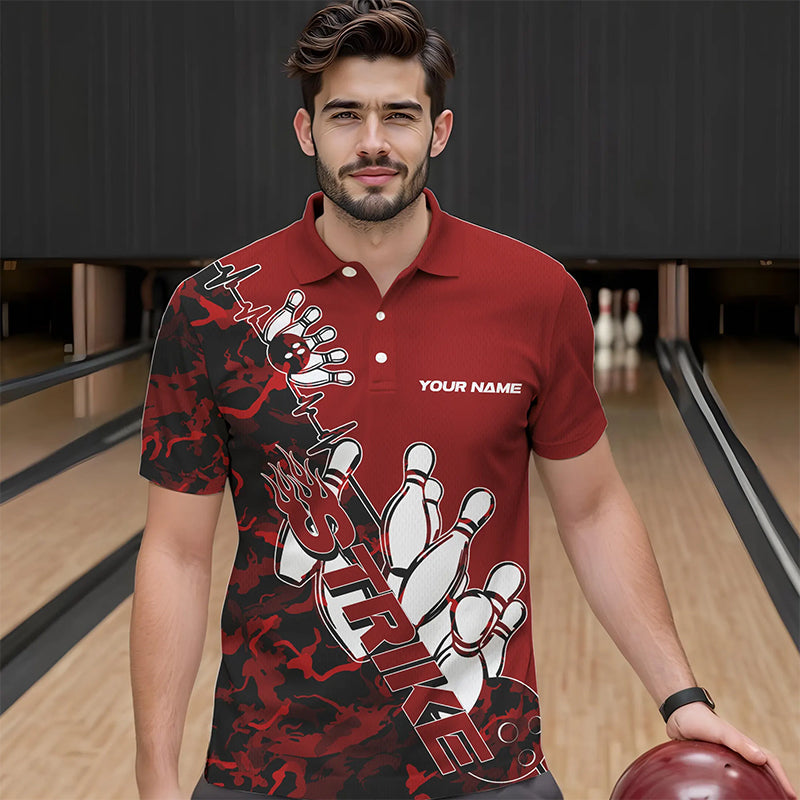 Custom Red Camo Strike Bowling Polo Shirts For Men, Strike Team Bowling League Shirt Shirt IPHW8443