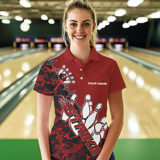 Custom Red Camo Strike Womens Bowling Polo Shirts, Strike Team Bowling League Shirt Shirt IPHW8443