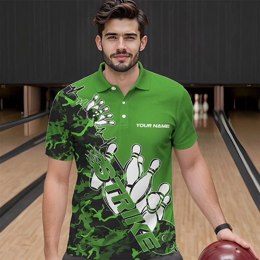 Custom Green Camo Strike Bowling Polo Shirts For Men, Strike Team Bowling League Shirt Shirt IPHW8445