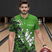 Load image into Gallery viewer, Custom Green Camo Strike Bowling Polo Shirts For Men, Strike Team Bowling League Shirt Shirt IPHW8445
