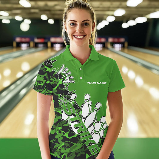 Custom Green Camo Strike Womens Bowling Polo Shirts, Strike Team Bowling League Shirt Shirt IPHW8445