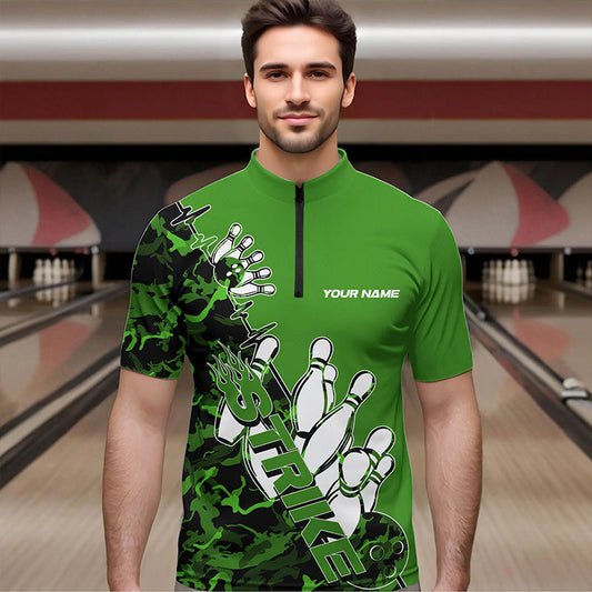 Custom Green Camo Strike Bowling Quarter-Zip Shirts For Men, Strike Team Bowling League Shirt Shirt IPHW8445