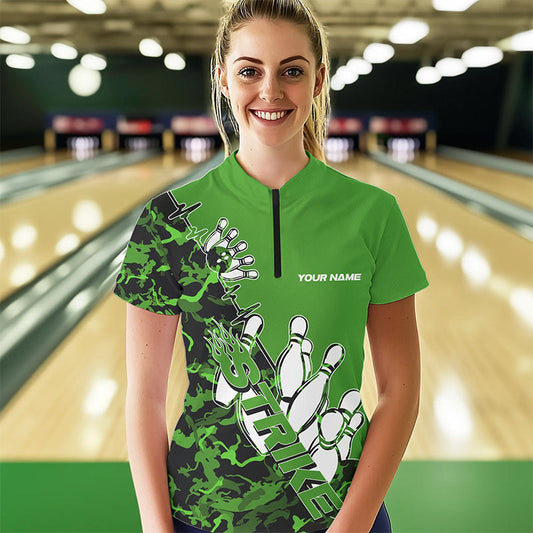 Custom Green Camo Strike Womens Bowling Quarter-Zip Shirts, Team Bowling League Shirt Shirt IPHW8445