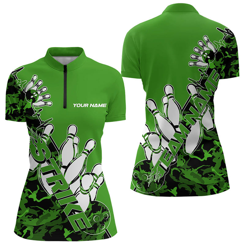 Custom Green Camo Strike Womens Bowling Quarter-Zip Shirts, Team Bowling League Shirt Shirt IPHW8445