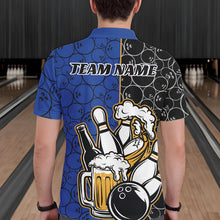 Load image into Gallery viewer, Custom Black And Blue Retro Bowling Beer Team Shirts For Men, Bowling Pattern Jerseys IPHW10537