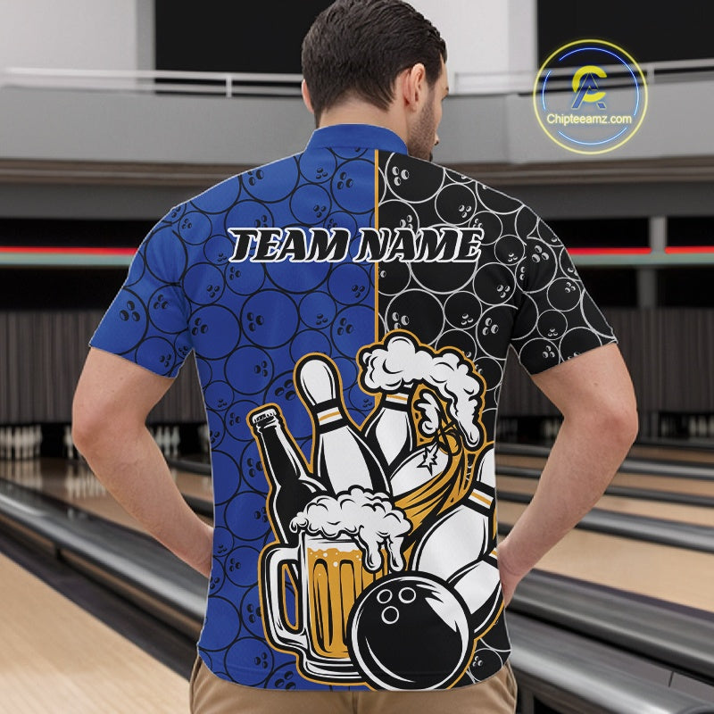Custom Black And Blue Retro Bowling Beer Team Shirts For Men, Bowling Pattern Jerseys IPHW10537