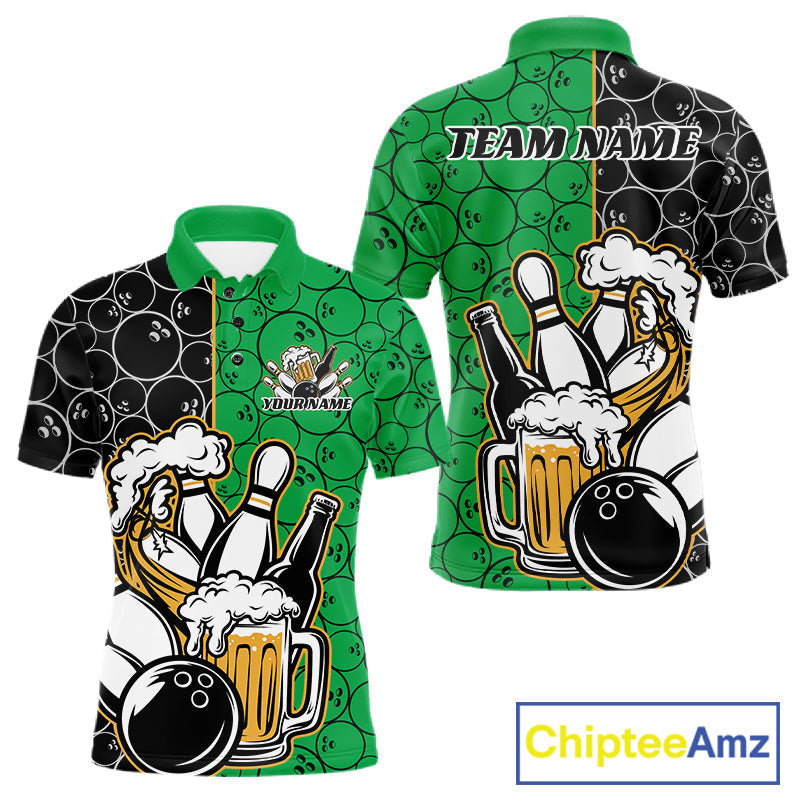 Custom Black And Green Retro Bowling Beer Team Shirts For Men, Bowling Pattern Jerseys IPHW10539