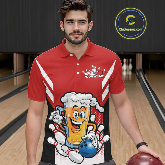Custom Funny Red Bowling Jerseys Bowling And Beer Men Polo Shirts, Bowling Jerseys IPHW10540