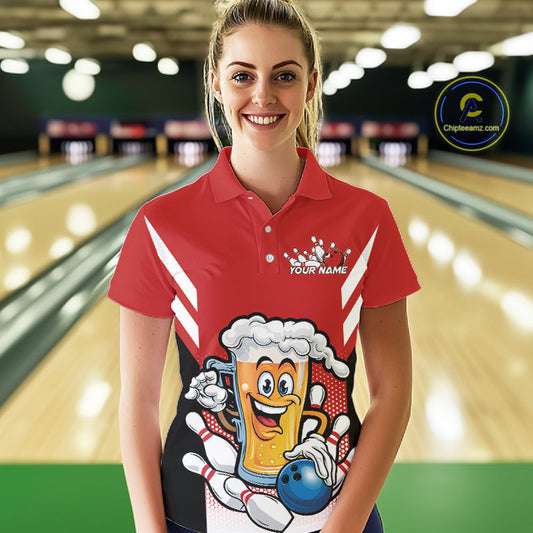 Custom Funny Red Bowling Jerseys Bowling And Beer Women Polo Shirts, Bowling Jerseys IPHW10540