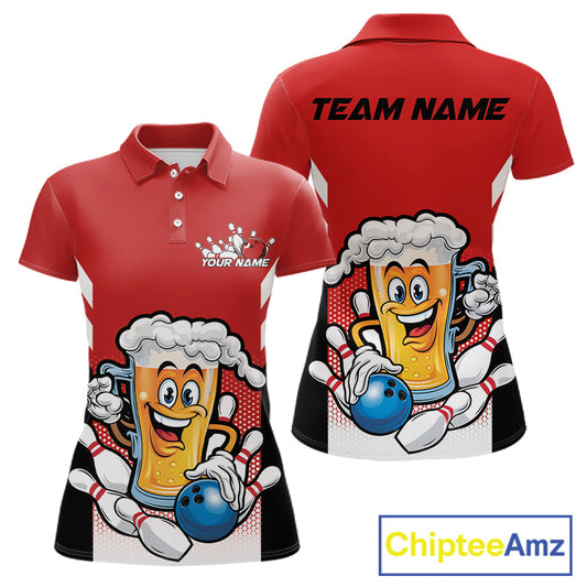 Custom Funny Red Bowling Jerseys Bowling And Beer Women Polo Shirts, Bowling Jerseys IPHW10540