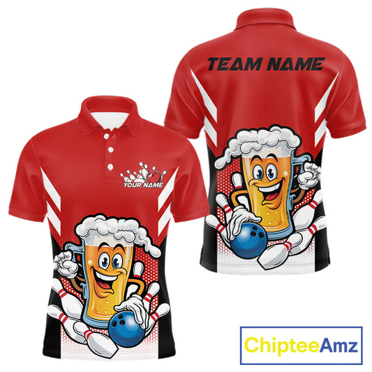 Custom Funny Red Bowling Jerseys Bowling And Beer Men Polo Shirts, Bowling Jerseys IPHW10540