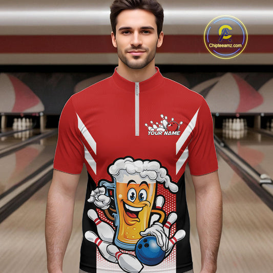 Custom Funny Red Bowling Jerseys Bowling And Beer Men Quarter-Zip Shirts, Bowling Jerseys IPHW10540