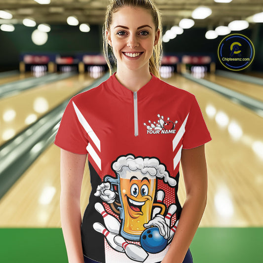 Custom Funny Red Bowling Jerseys Bowling And Beer Women Shirts, Bowling Jerseys IPHW10540