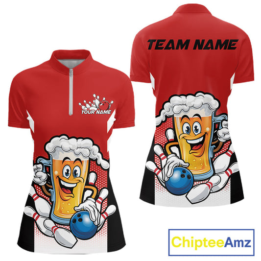 Custom Funny Red Bowling Jerseys Bowling And Beer Women Shirts, Bowling Jerseys IPHW10540