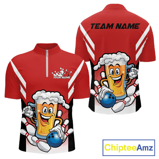 Custom Funny Red Bowling Jerseys Bowling And Beer Men Quarter-Zip Shirts, Bowling Jerseys IPHW10540
