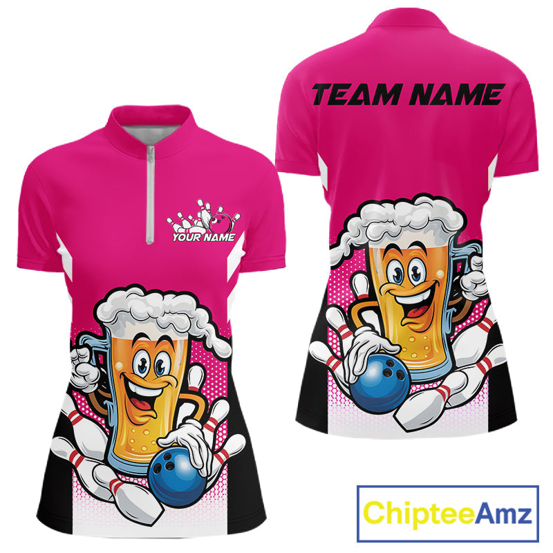 Custom Funny Pink Bowling Jerseys Bowling And Beer Women Shirts, Bowling Jerseys IPHW10542