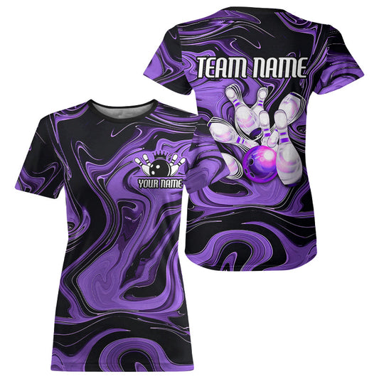 Purple Bowling Ball And Pins Custom Bowling T-Shirts For Women, Purple Bowlers Outfit IPHW6173