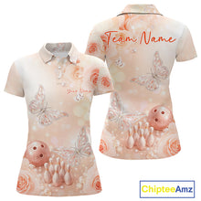 Load image into Gallery viewer, Front and back mockup of a women’s bowling polo shirt featuring pastel glitter butterflies above bowling pins and a bowling ball.