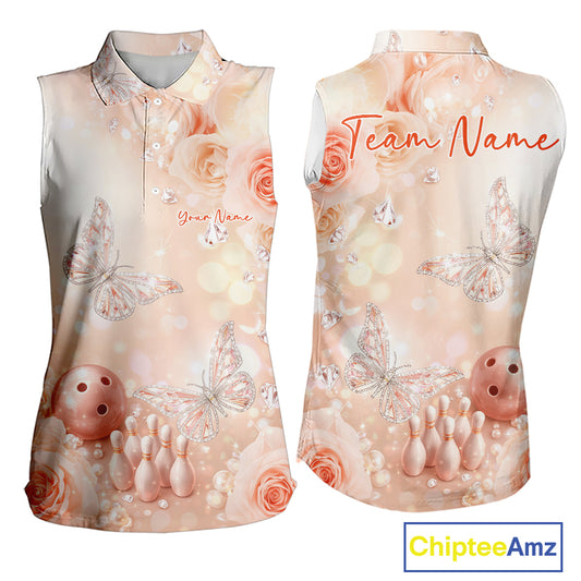 Front and back view of a women’s sleeveless bowling shirt featuring pastel glitter butterflies above bowling pins and a bowling ball.