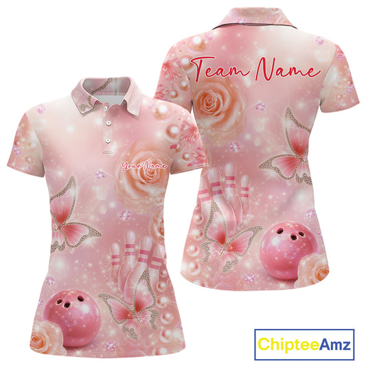 Front and back mockup of a women’s bowling polo shirt adorned with glitter butterflies, diamonds, bowling pins, and a bowling ball centerpiece.