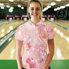 Load image into Gallery viewer, Custom Elegant Roses And Butterfly Women Bowling Quarter-Zip Shirt, Ladies Bowling Shirt IPHW11062