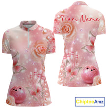 Load image into Gallery viewer, Custom Elegant Roses And Butterfly Women Bowling Quarter-Zip Shirt, Ladies Bowling Shirt IPHW11062