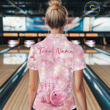 Load image into Gallery viewer, Back view of a female model wearing a bowling polo shirt featuring pink glitter butterflies, diamonds, bowling pins, and bowling-themed accents.