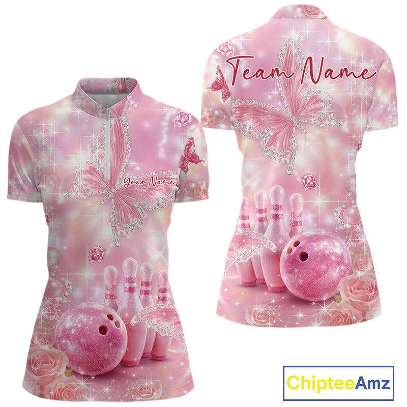 Women’s bowling quarter-zip shirt displayed front and back with pink glitter butterflies, diamonds, bowling pins, and a bowling ball centerpiece.