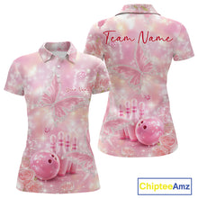 Load image into Gallery viewer, Front and back mockup of a women’s bowling polo shirt featuring pink glitter butterflies, diamonds, bowling pins, and a bowling ball motif.