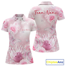 Load image into Gallery viewer, Front and back display of a women’s bowling polo shirt featuring pink glitter butterfly motifs, roses, bowling pins, and a bowling ball centerpiece.