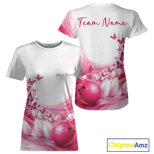 Custom Pink Butterfly Bowling Women T-Shirts, Ladies Bowling Team Outfits IPHW11348
