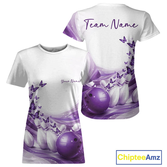 Custom Purple Butterfly Bowling Women T-Shirts, Ladies Bowling Team Outfits IPHW11349
