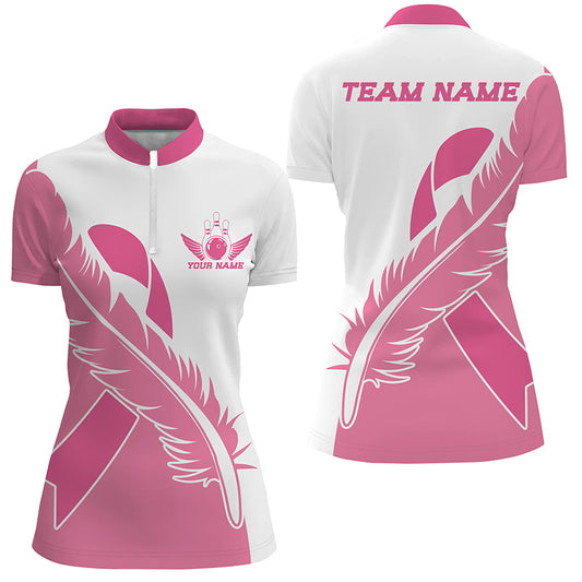 Feather Pink Ribbon Breast Cancer Custom Bowling Shirts For Women, Pink Bowling Jerseys IPHW6674