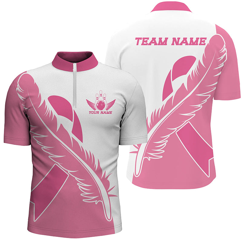 Feather Pink Ribbon Breast Cancer Custom Bowling Shirts For Men And Women, Pink Bowling Jerseys IPHW6674