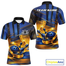 Load image into Gallery viewer, Front and back view of a men's bowling polo shirt mockup featuring a glossy blue bowling ball and pins wrapped in flowing gold ribbon accents.